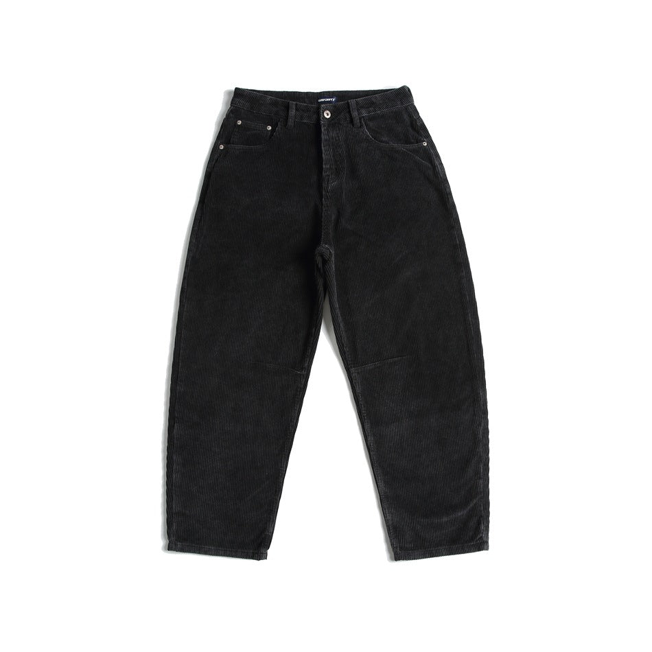 Black wide-rib corduroy pants laid flat, front view, with a relaxed tapered leg