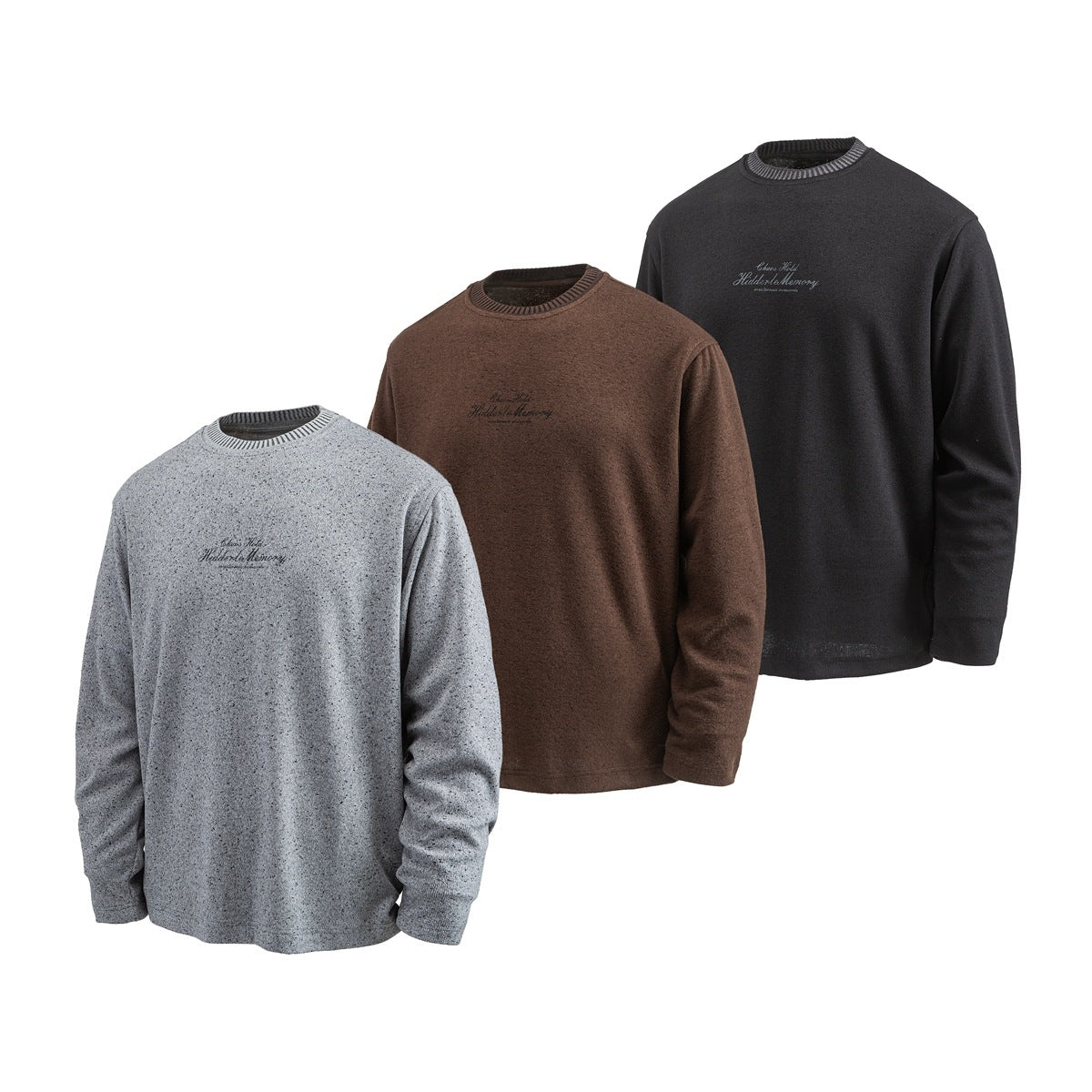 Three long-sleeve crewneck tops in speckled light gray, brown, and black, each with striped collar trim and a small script