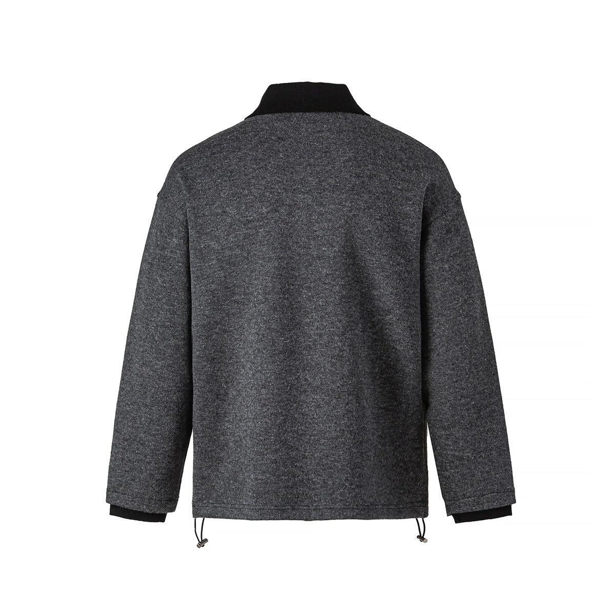 Back view of a dark heather gray long-sleeve pullover with a black collar, cuffs, and adjustable hem cords.