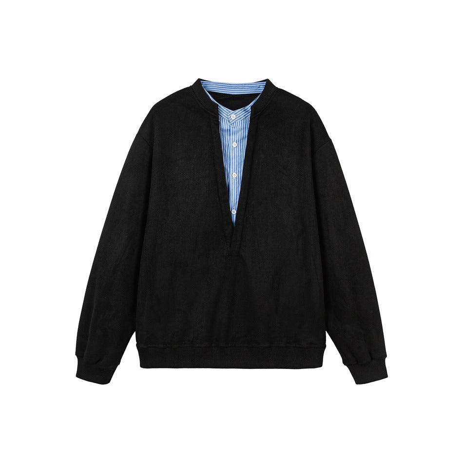 Black pullover sweatshirt with blue striped shirt-style insert at the V neckline, front flat view