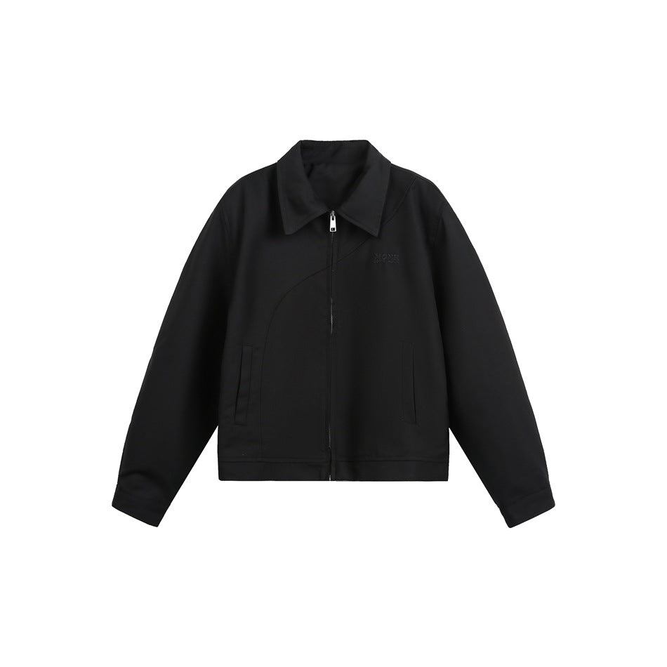 Black cropped zip-front jacket with pointed collar, curved chest seam, welt pockets and button cuffs, flat view