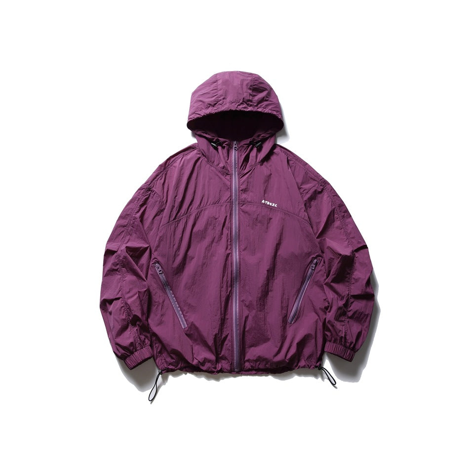 Purple hooded zip-up jacket with crinkled finish, diagonal zip pockets and drawcord hem, flat front view