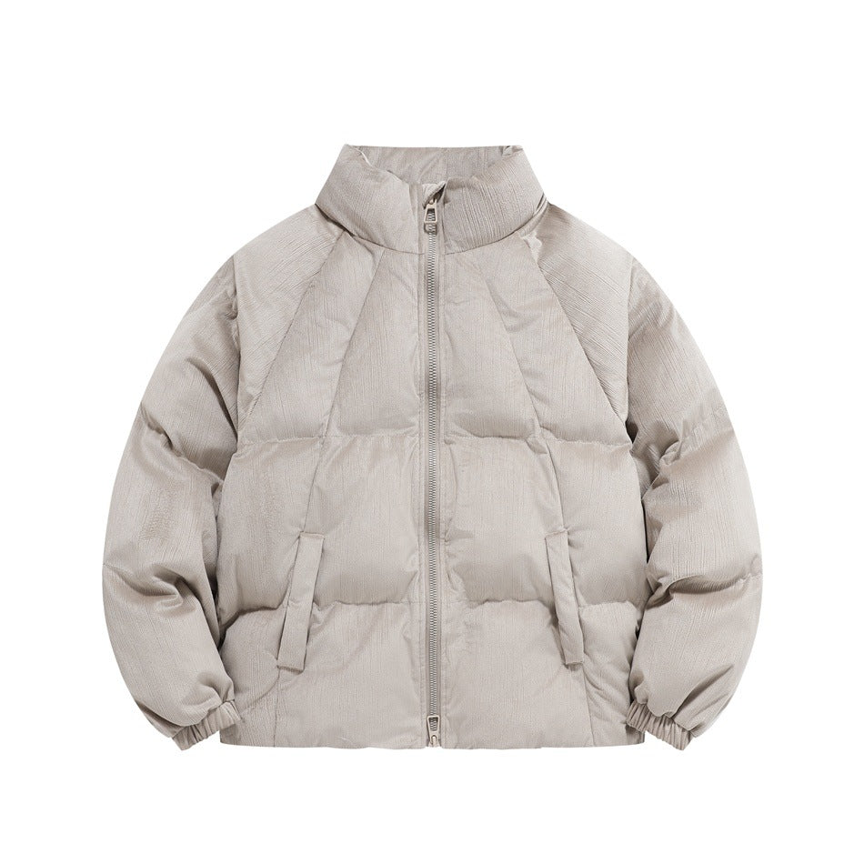 Gray taupe textured stand-collar puffer jacket with front zip, quilted channels, pockets and elastic cuffs, front view