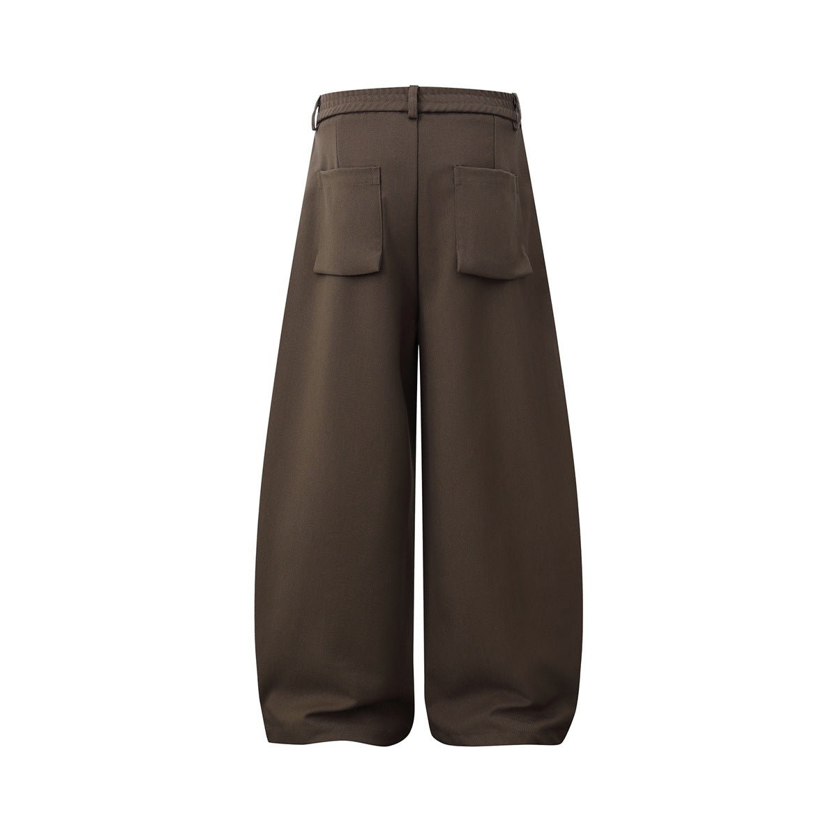 Back view of dark brown wide-leg trousers with belt loops and two large patch pockets.