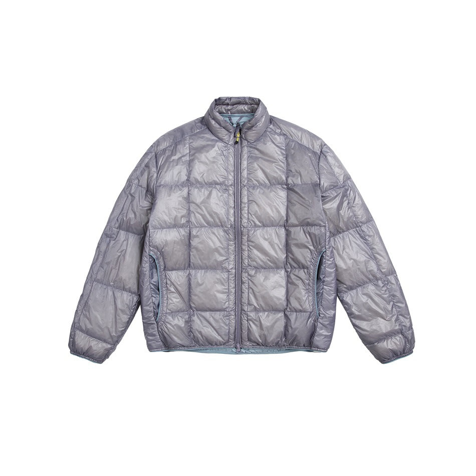 Light purple-gray quilted puffer jacket with stand collar and front zipper, flat front view