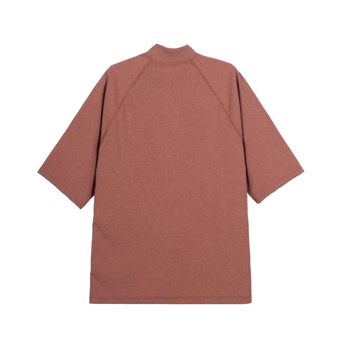 Back view of a dusty rose short-sleeve top with a high collar and raglan seams, laid flat.