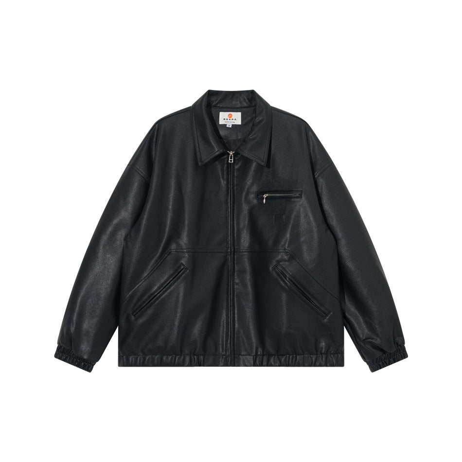 Black faux-leather-look zip jacket, front flat lay, with collar, chest zip pocket, diagonal zip pockets and elastic cuffs