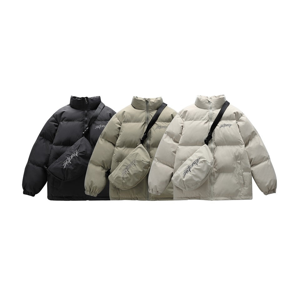 Three quilted zip-front puffer jackets with matching crossbody bags in black, taupe, and light beige.