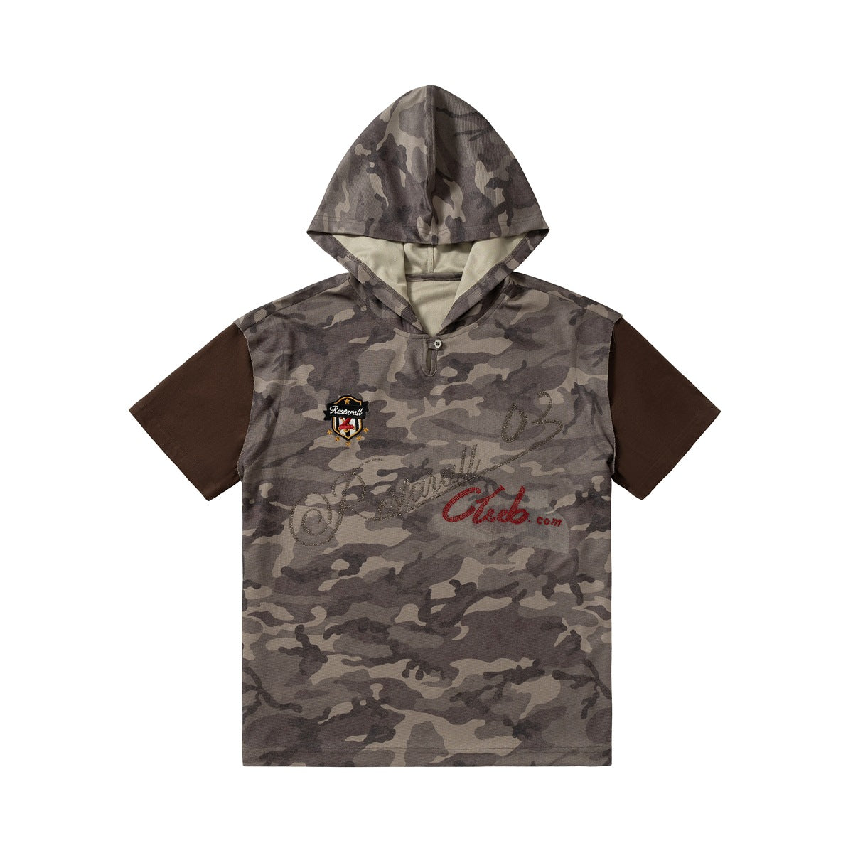 Front view of a short-sleeve hooded shirt with gray-brown camouflage, dark brown sleeves, and chest graphics.