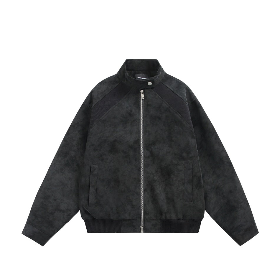 Black stand-collar zip jacket flat lay with mottled finish, ribbed shoulder panels, ribbed hem and slit pockets