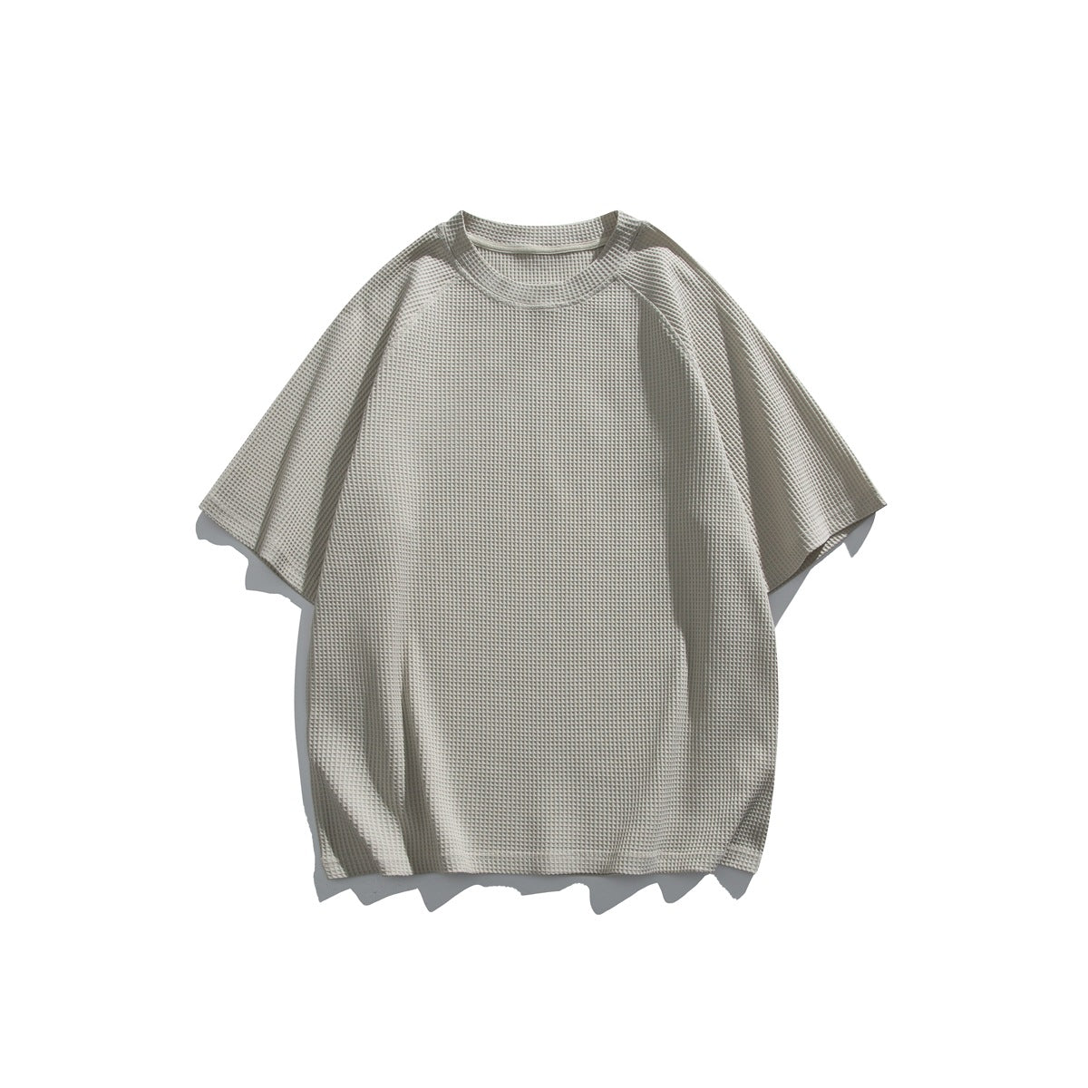 Light gray waffle-knit crew-neck raglan short-sleeve T-shirt, flat lay front view