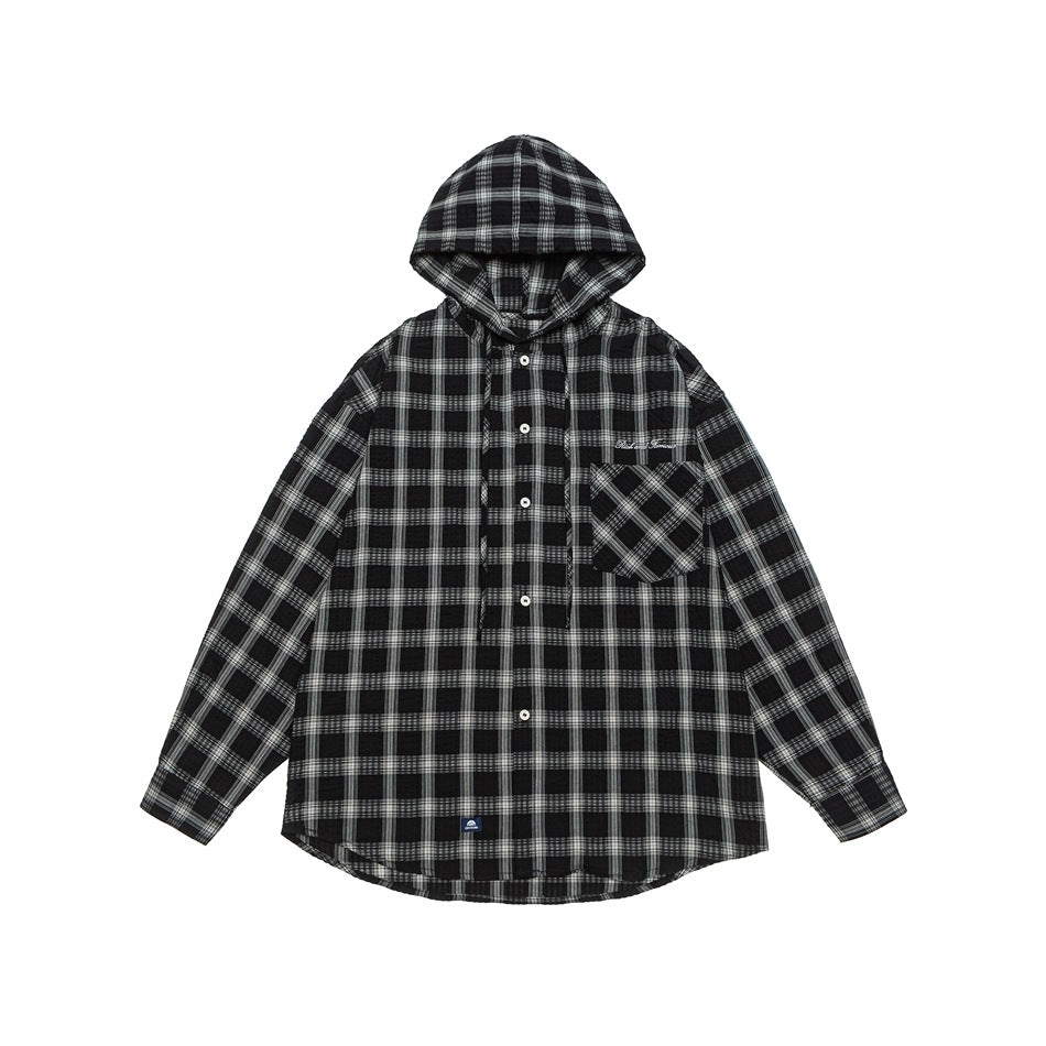 Black and white plaid hooded button-front shirt with chest pocket, flat lay front view