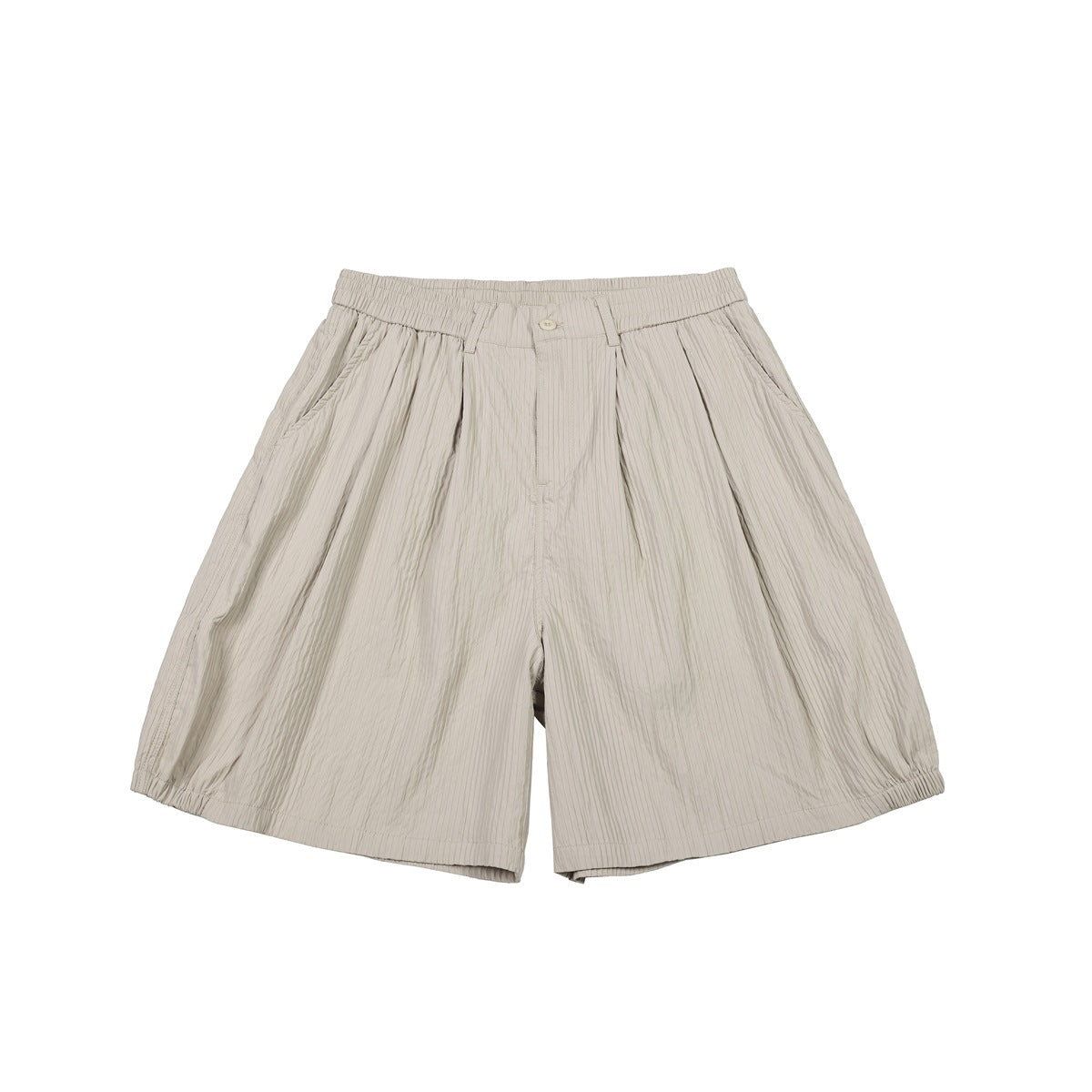 Front view of khaki striped-texture pleated shorts with elastic waistband, side pockets and gathered hems