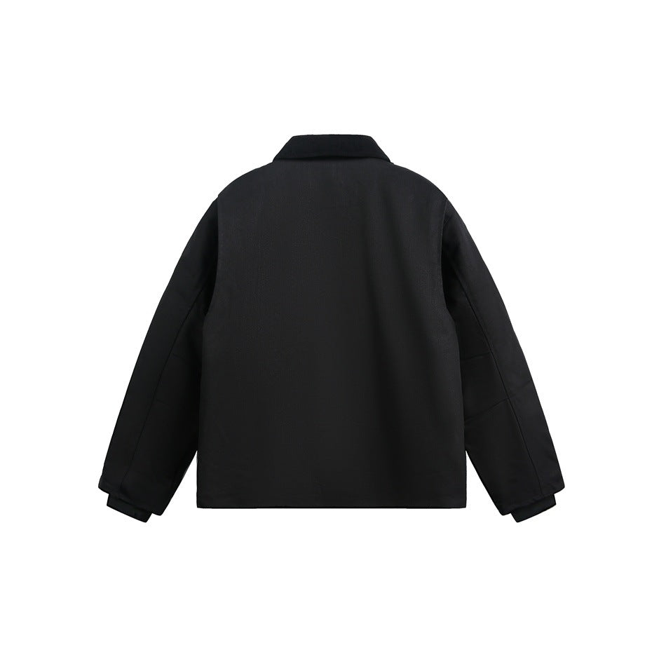 Back view of a black jacket with a matching collar and cuffs, displayed against a white background.