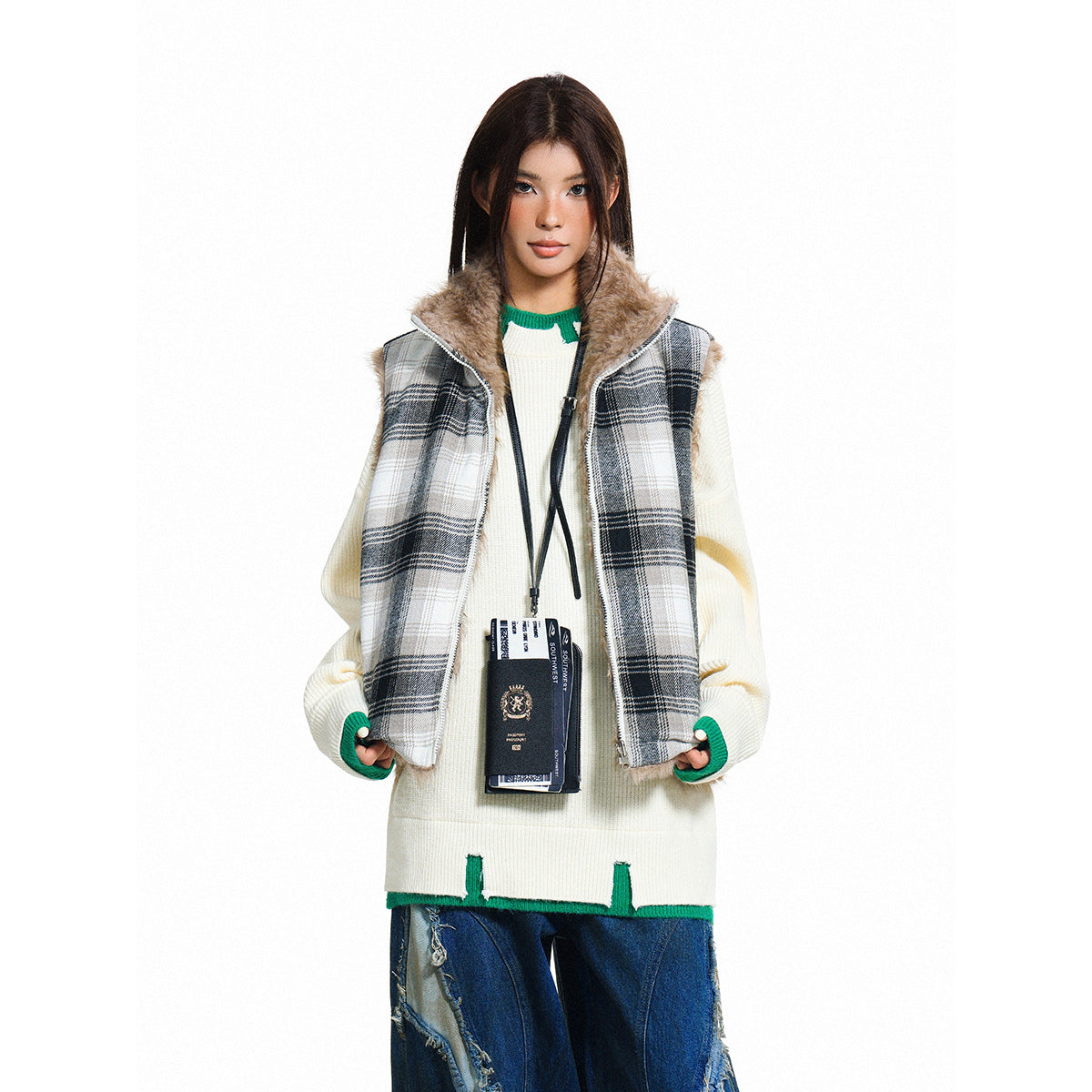 Model wearing a gray plaid zip vest with a fur collar over a cream sweater and distressed wide-leg blue jeans.