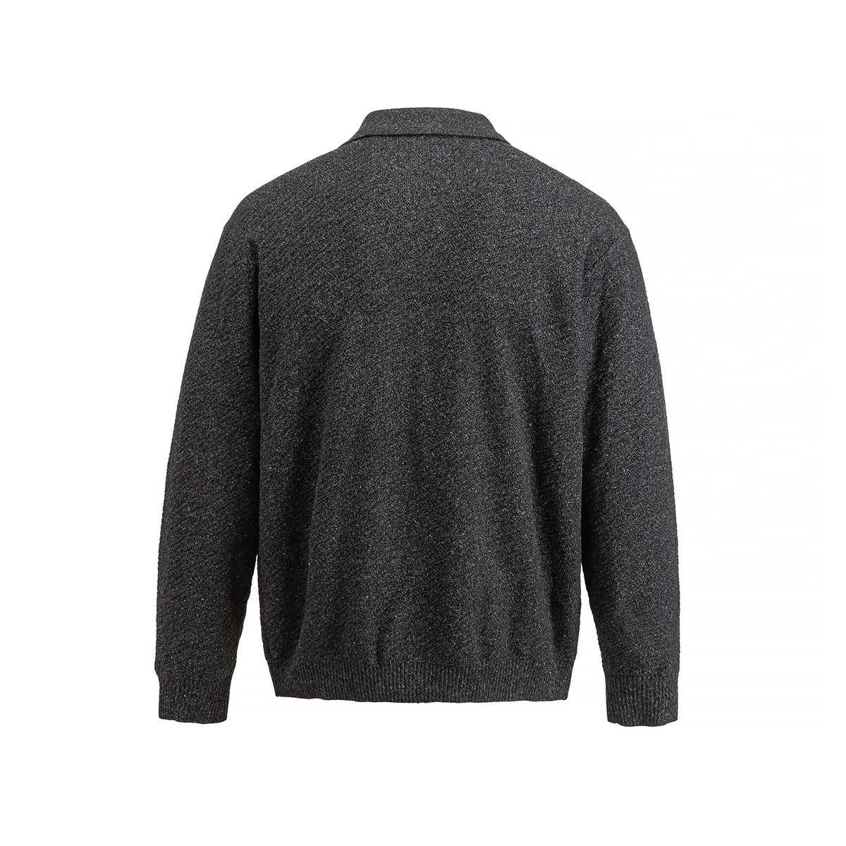 Back view of a charcoal long-sleeve collared knit pullover with ribbed cuffs and hem.