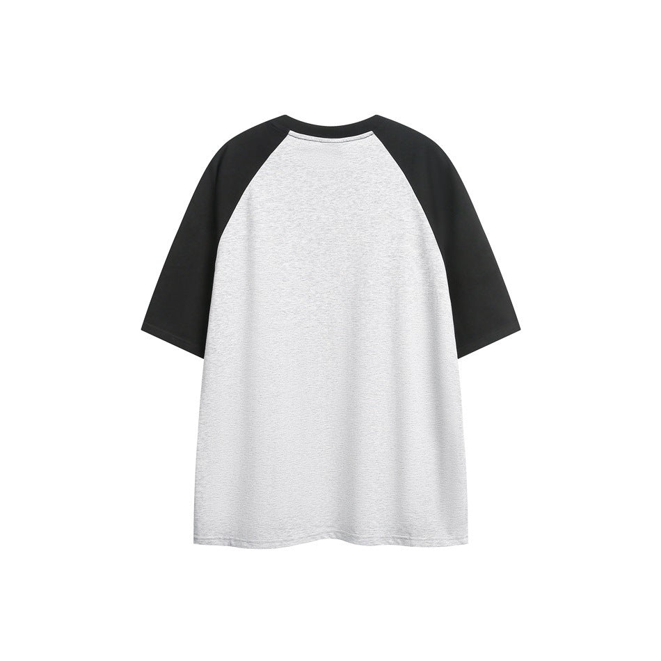 Back view of a black and gray raglan T-shirt with a plain heathered gray back
