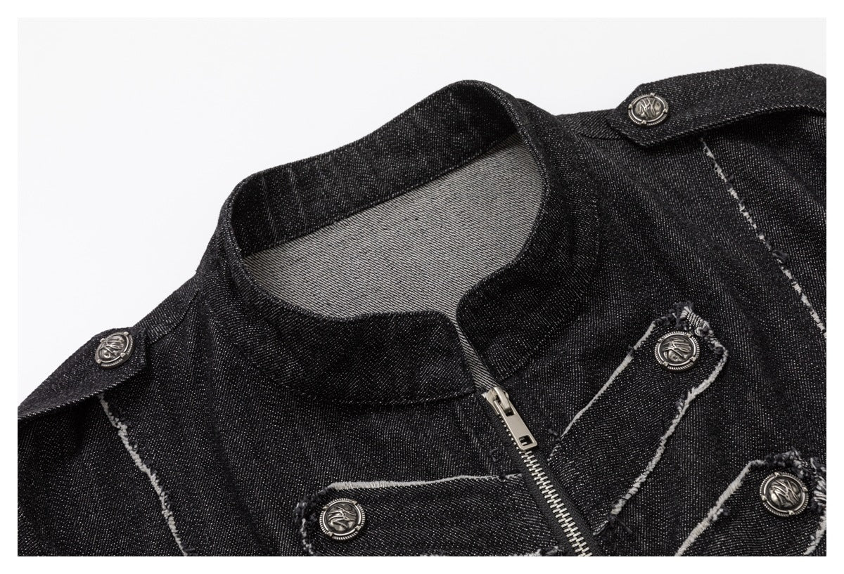Close-up of the charcoal jacket's collar, zipper, shoulder tabs and decorative buttons with contrast seam details.