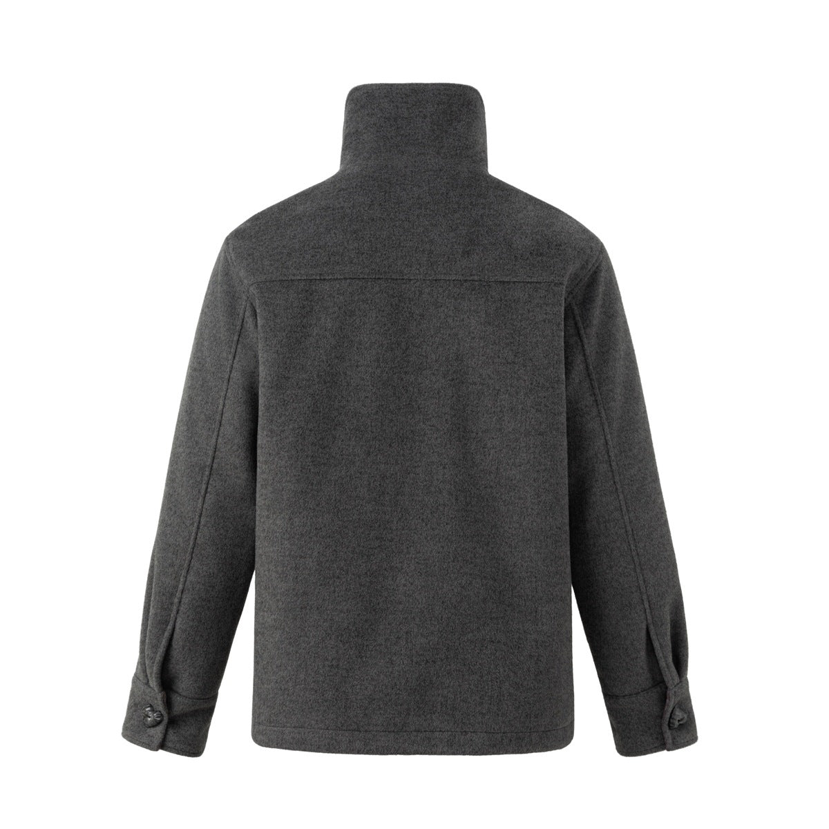 Back view of dark gray textured jacket with stand collar, yoke seam and buttoned cuff tabs