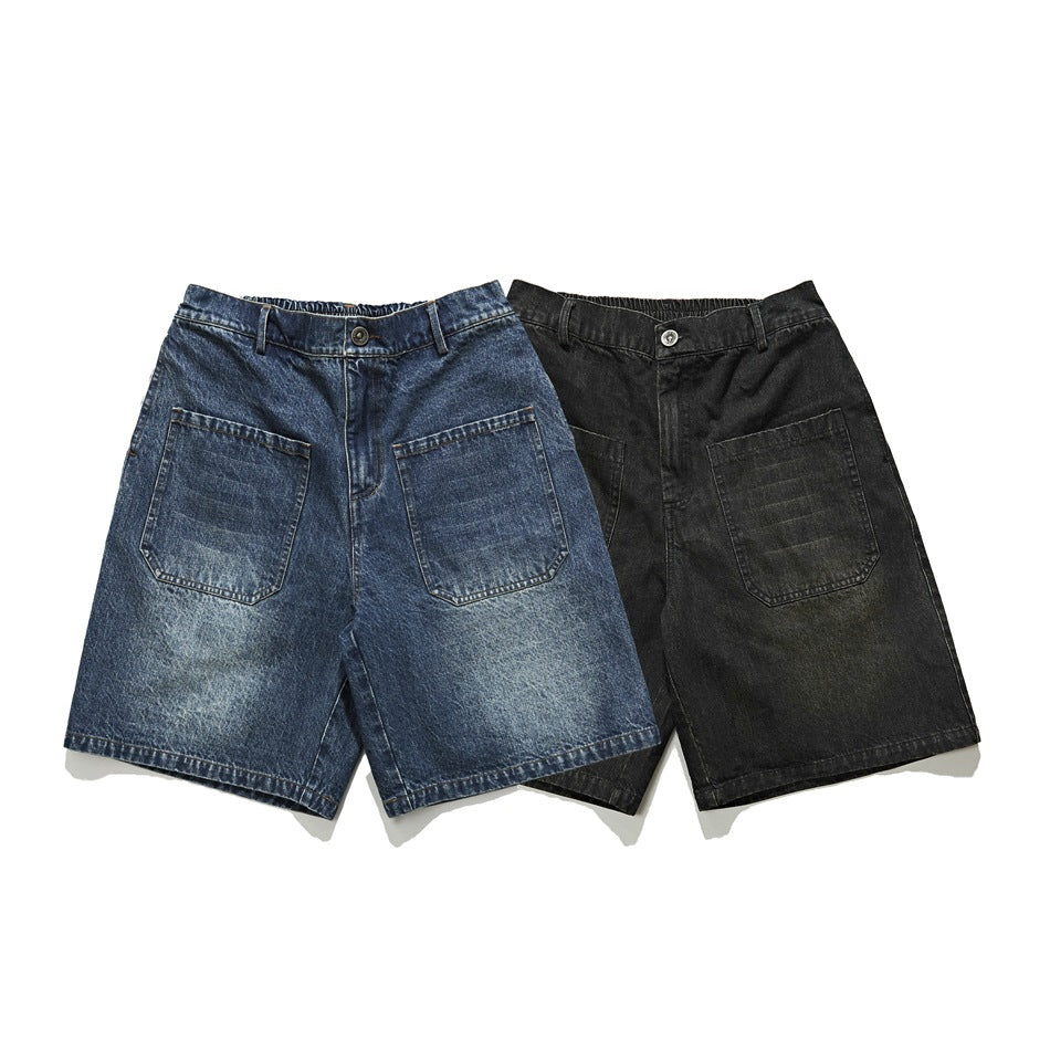 Front view of denim shorts in blue and black, both with large patch pockets and relaxed, above-knee-length legs.