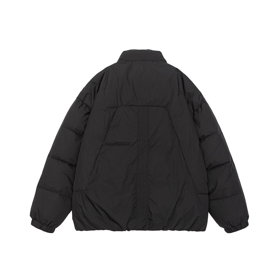Back view of a black puffer jacket with a high collar and elastic cuffs.