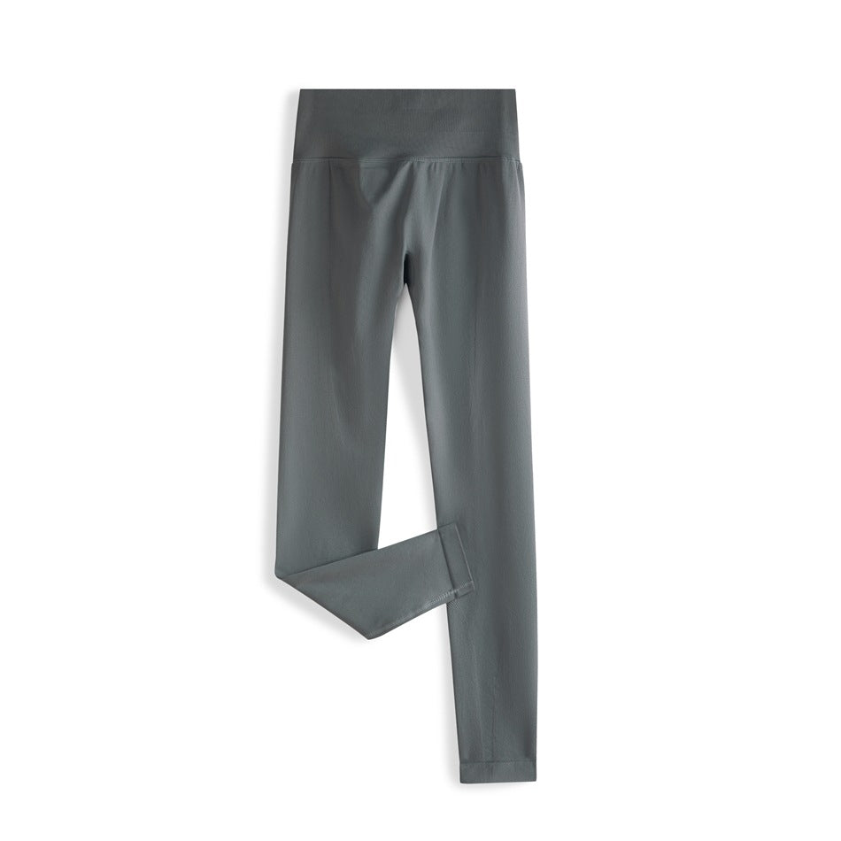 Dark gray high-waisted ankle-length leggings laid flat with one leg folded