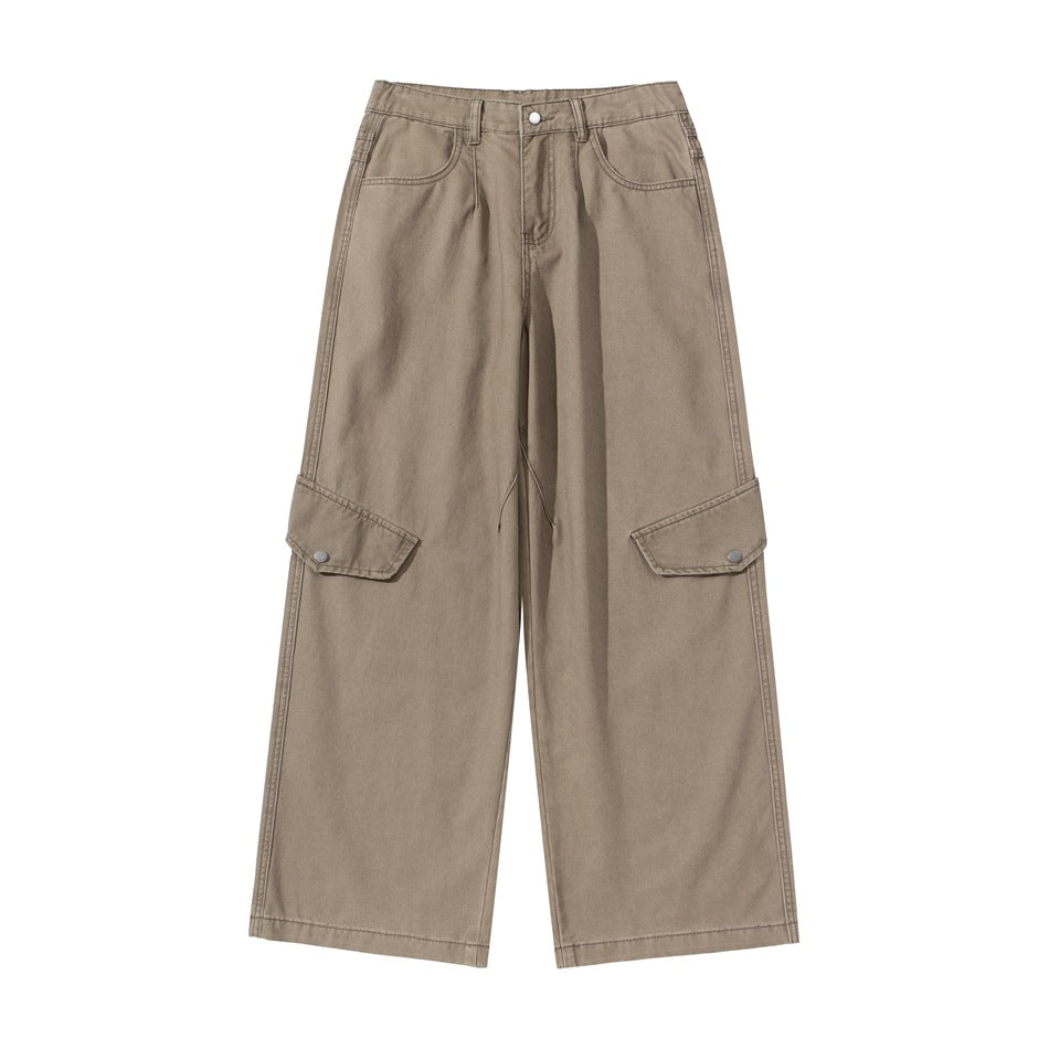 Khaki wide-leg cargo pants flat lay, front view, with side flap pockets and snap closures