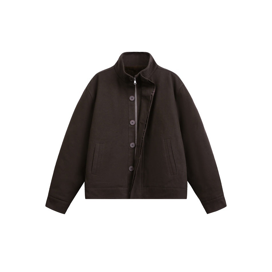 Dark brown stand-collar jacket flat lay with front buttons, zipper placket and slanted welt pockets