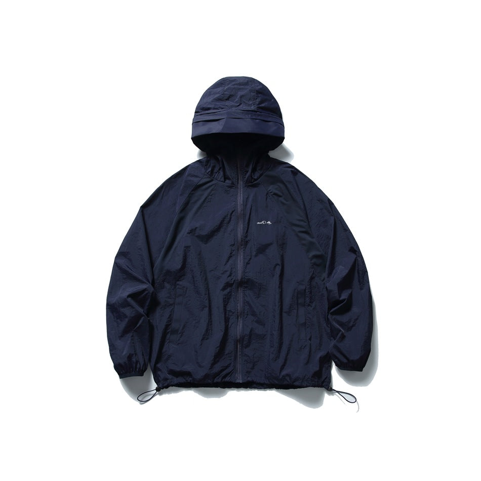 Navy hooded zip jacket with raglan sleeves, drawcord hem and small chest script print, flat front view