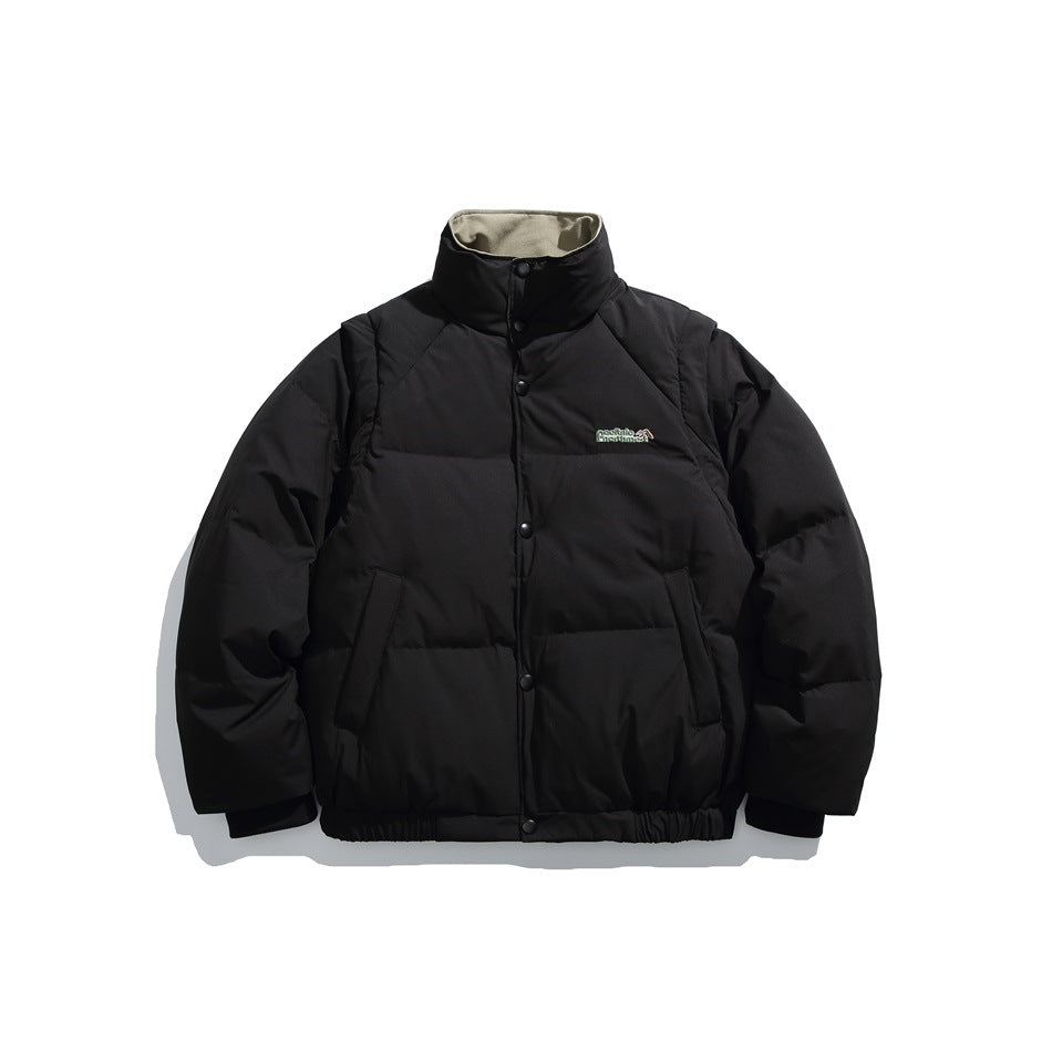 Front view of a black snap-front puffer jacket with a high collar, long sleeves, and two slanted pockets.