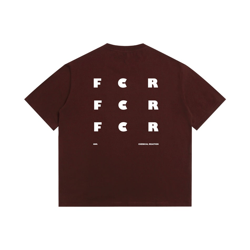 Burgundy short-sleeve T-shirt back with a white 3x3 grid of F C R letters and small text below