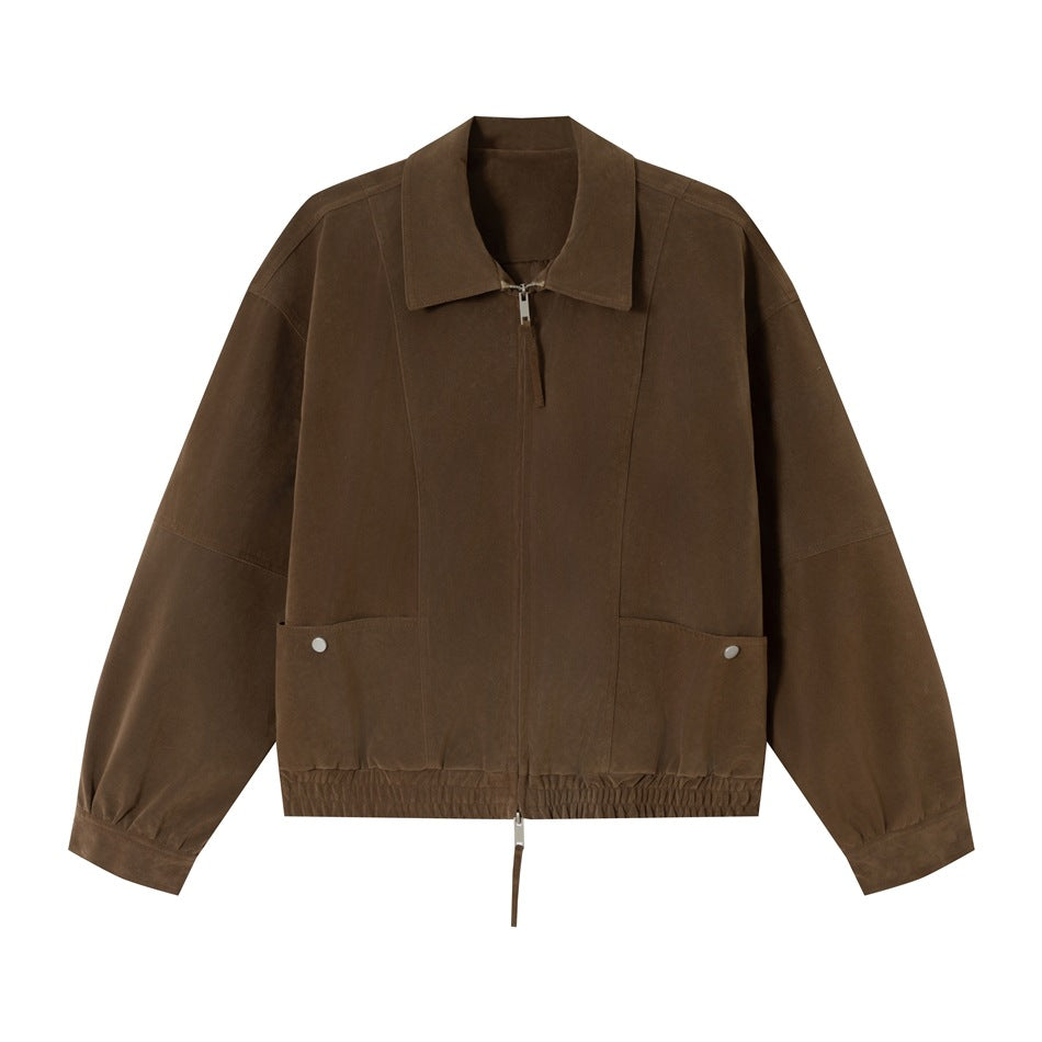 Brown suede-look zip jacket with pointed collar, front patch pockets with studs and elastic hem, flat front view