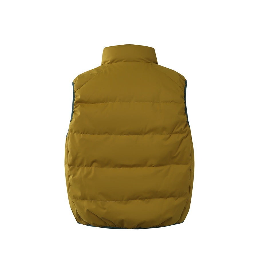 Back view of a mustard-yellow quilted vest with a high collar and dark armhole trim, on white.