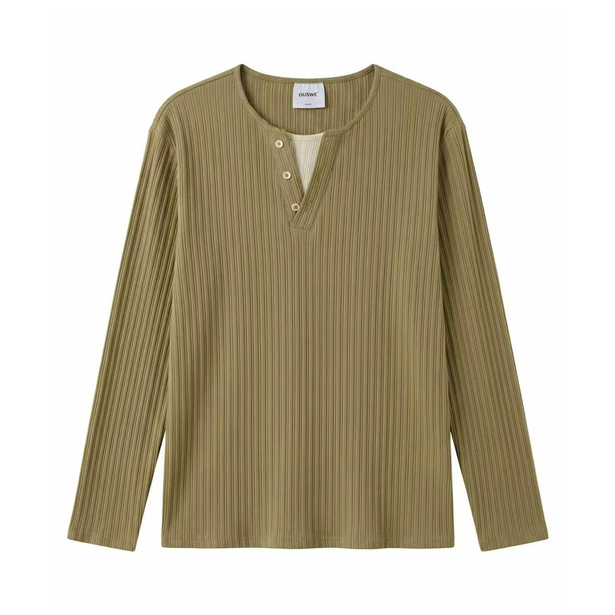 Mustard green ribbed long-sleeve top with rounded neckline, three-button placket and a lighter layered insert, flat front