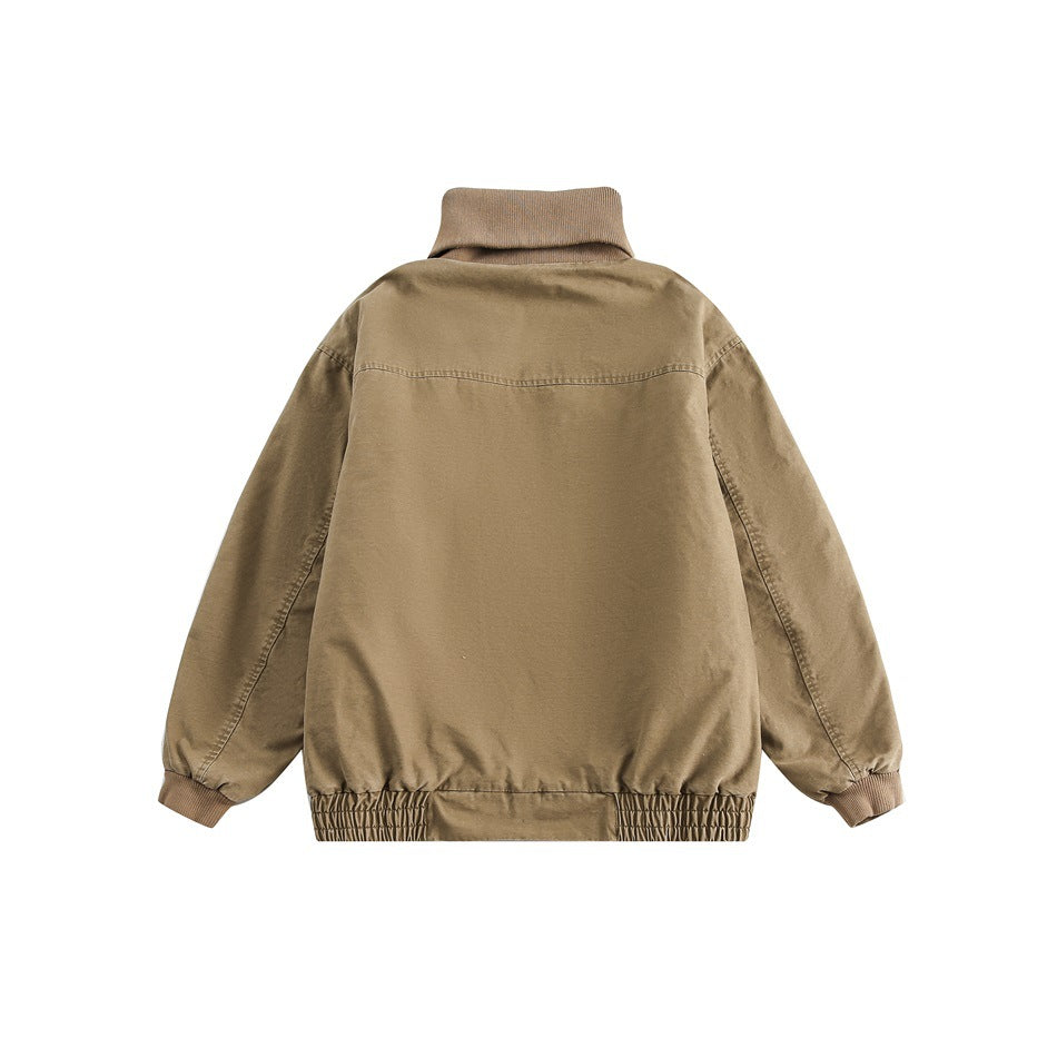 Back of a tan jacket with a matching ribbed collar and cuffs and a gathered hem, shown against white.
