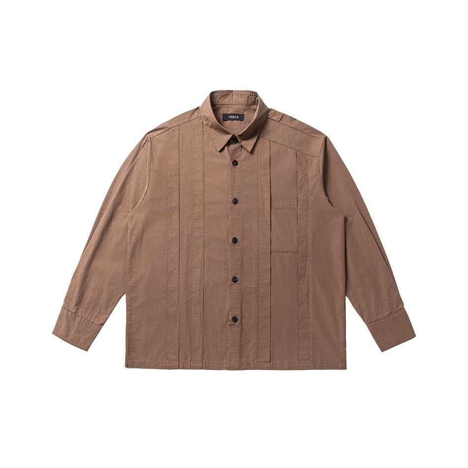 Brown long-sleeve button-up shirt with pleated front panels and chest pocket, flat lay on white background