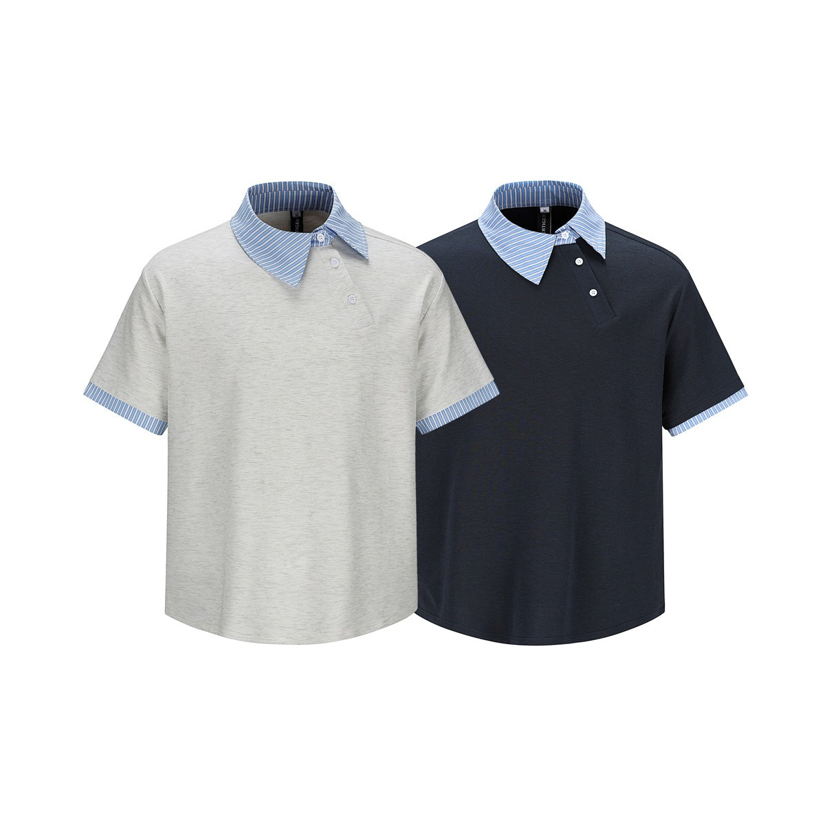 Two short-sleeve polo shirts, one off-white and one navy, with blue striped collars and sleeve trim.