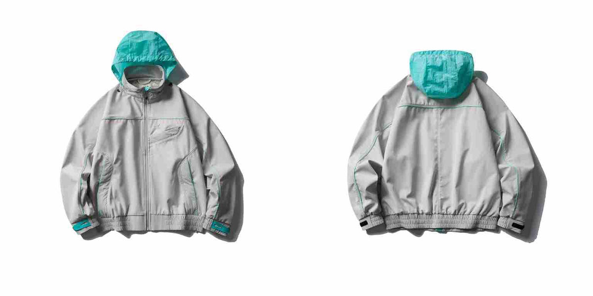 Gray zip-front hooded jacket shown from front and back, with a teal hood, teal seam accents, and elastic cuffs and hem.