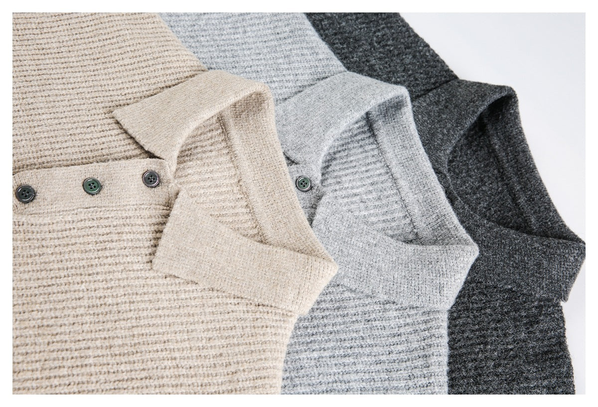 Three overlapping collared knit tops in beige, light gray, and charcoal, showing their collars and buttons.