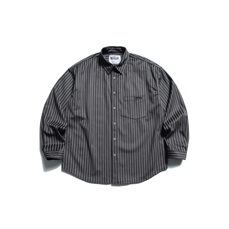Dark charcoal gray striped long-sleeve button-up shirt with chest pocket, flat lay front view
