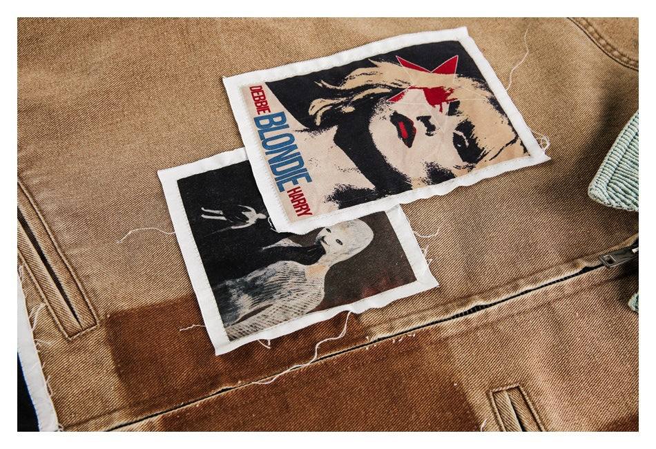 Close-up of a tan jacket with layered portrait-print patches and visible pocket seams.