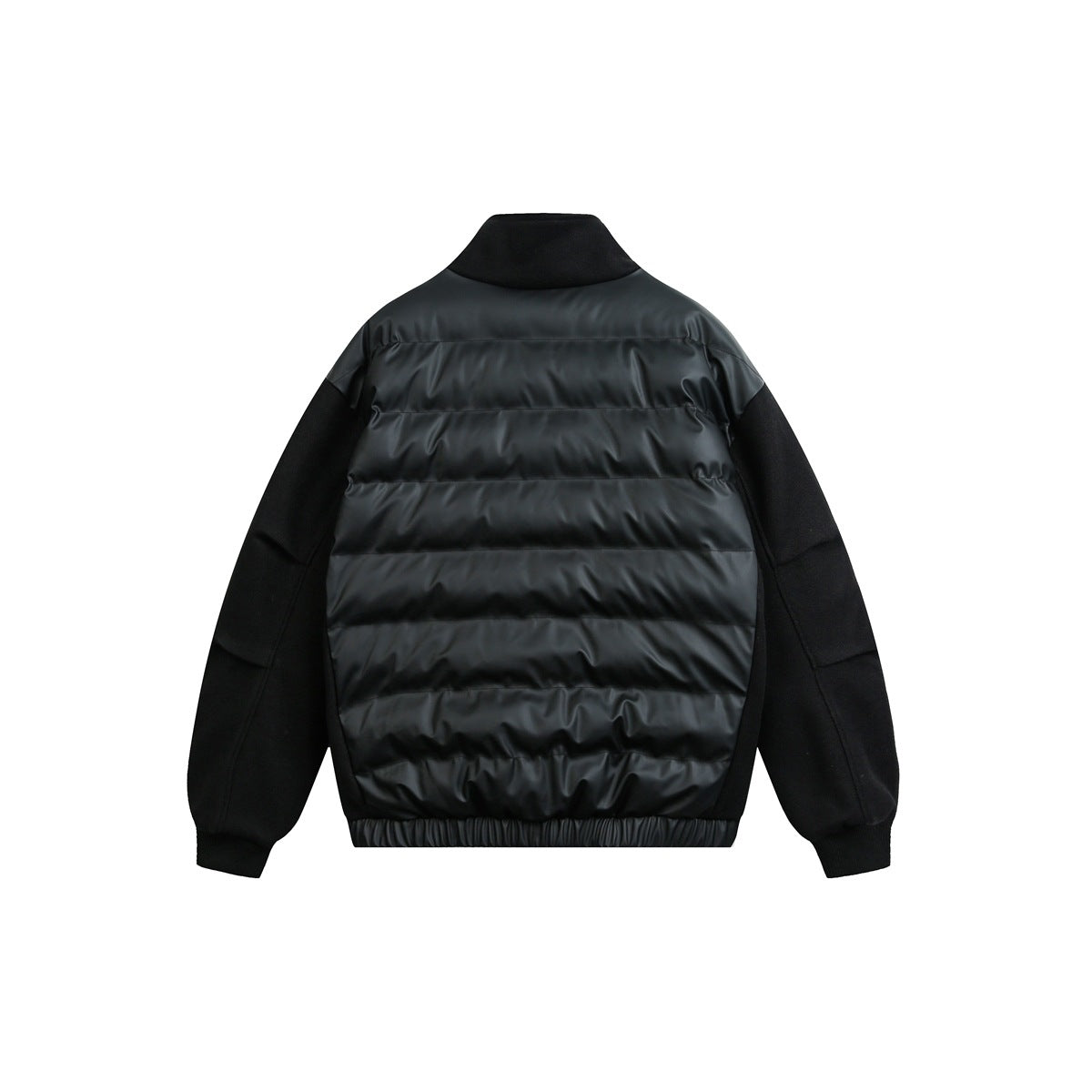 Back view of a black quilted jacket with black sleeves, a stand collar, ribbed cuffs and hem.