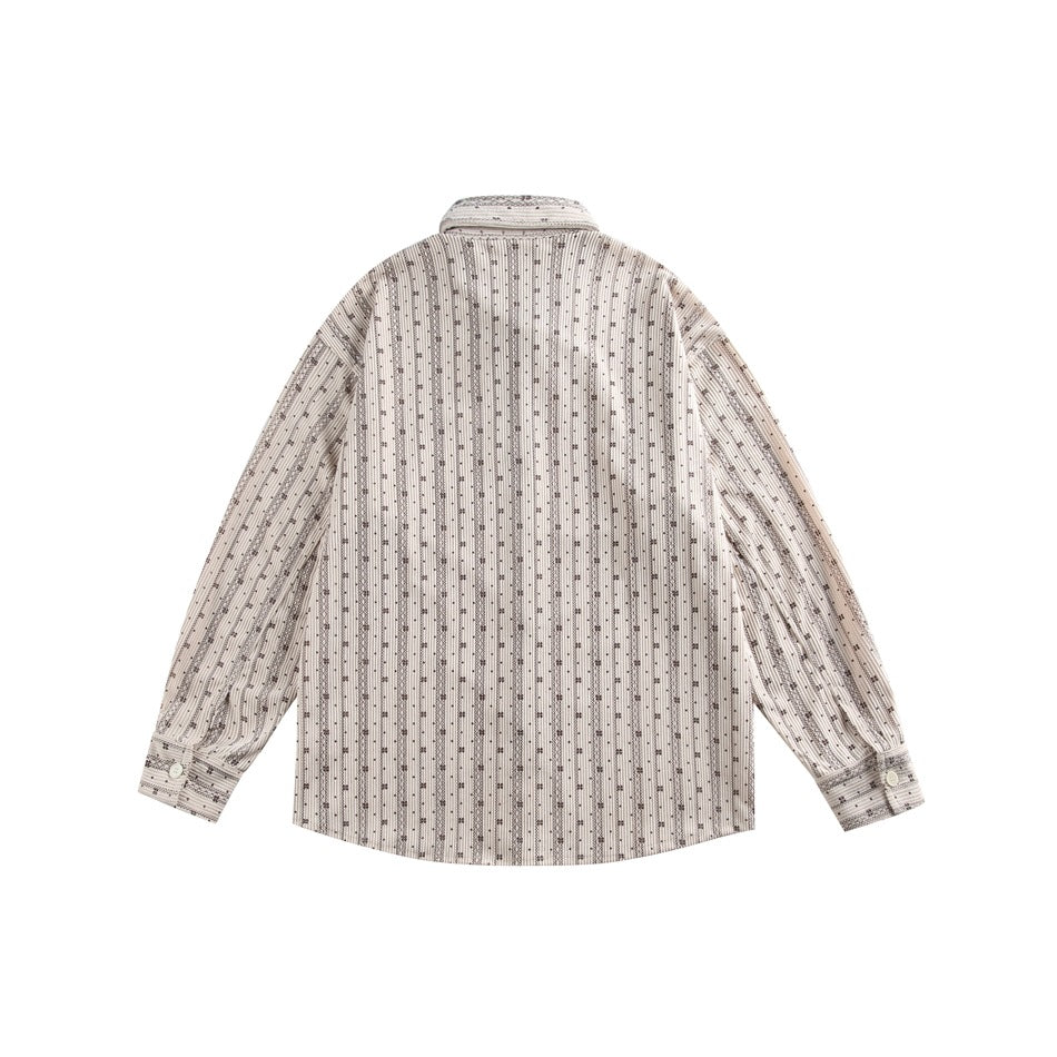Light beige button-up shirt shown from the back, with fine vertical stripes and a small repeating pattern.