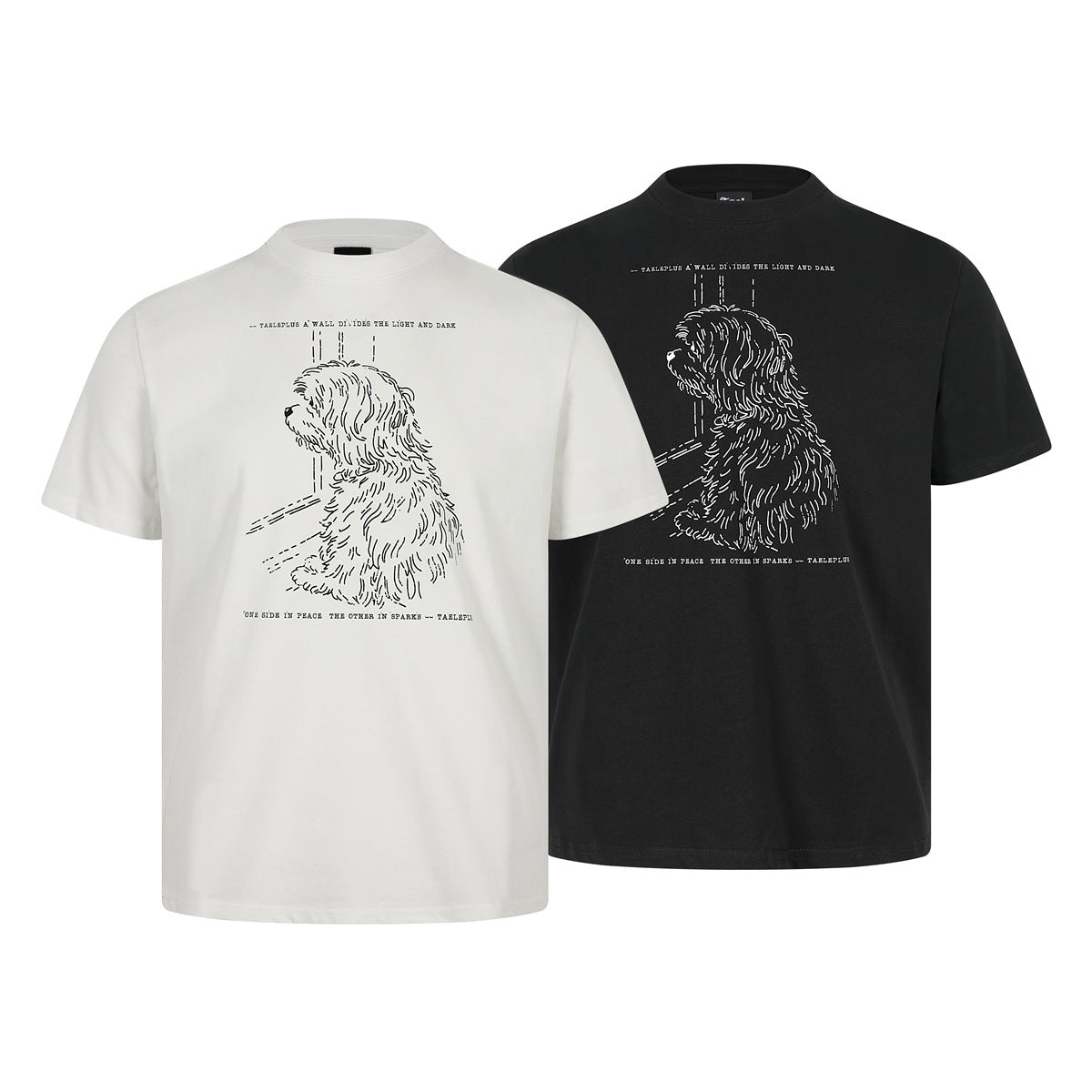 White and black short-sleeve T-shirts shown from the front, each with a white dog illustration and text.