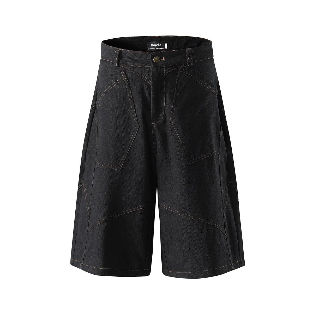 Black wide-leg knee-length denim-style shorts with copper topstitching and angular front pockets, flat front view