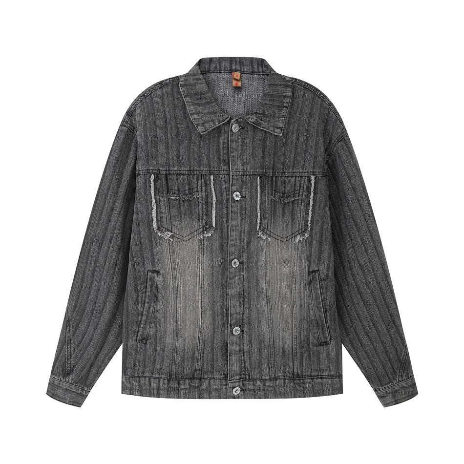 Black-gray washed striped denim jacket, flat front view with button front, chest flap pockets and frayed pocket edges