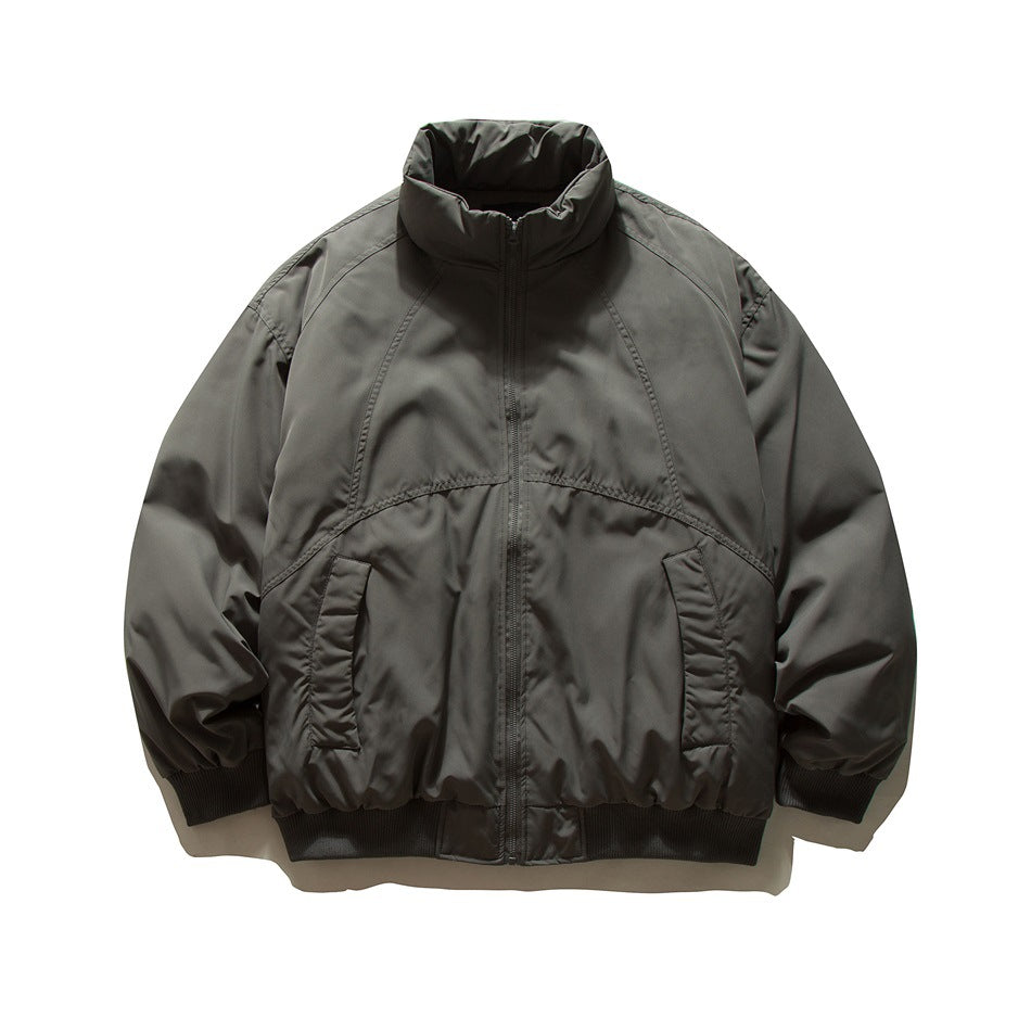 Dark gray stand-collar zip jacket with raglan seams, front pockets and ribbed cuffs and hem, flat lay front view