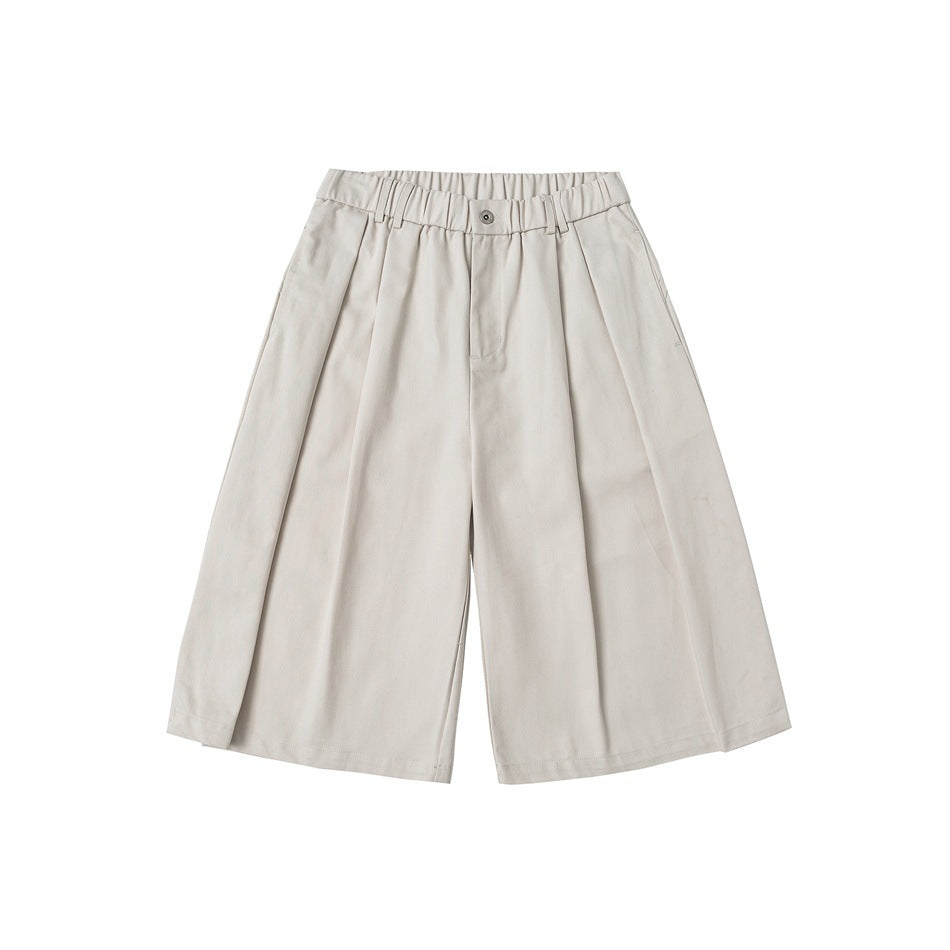 Off-white wide-leg knee-length shorts with elastic waistband, button and front pleats, flat lay front view