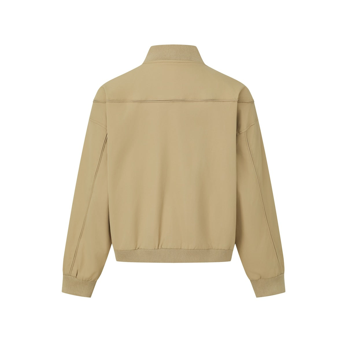 Back view of a tan jacket with a ribbed stand collar, long sleeves, and ribbed cuffs and hem.