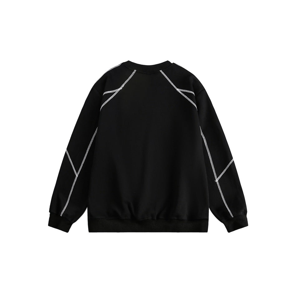 Front view of a black crewneck sweatshirt with white contrast stitching and ribbed cuffs and hem, on a white background.